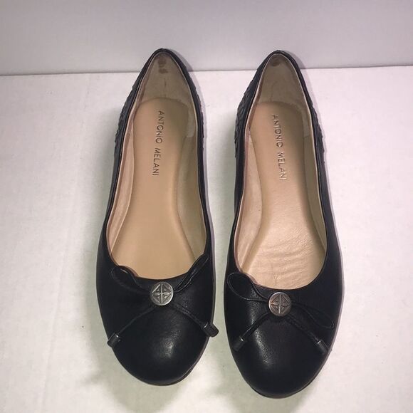 Antonio Melani Women's Black Leather Woven Bow Round Toe Ballet Flats Size 6.5 - Picture 2 of 6